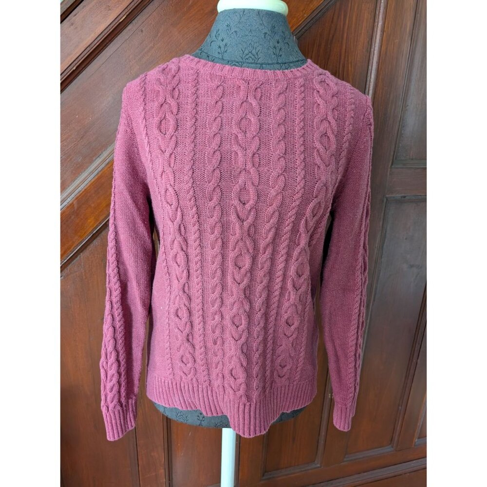 L.L.Bean Womens Cable Knit Sweater M Maroon Crewneck 100% Cotton Long Sleeve